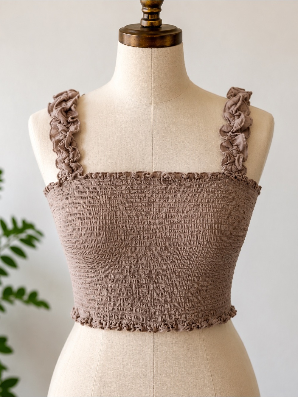 Aerie Smocked Ruffle Strap Crop Tank Top Taupe Beige XXL NWT Stretch Boho